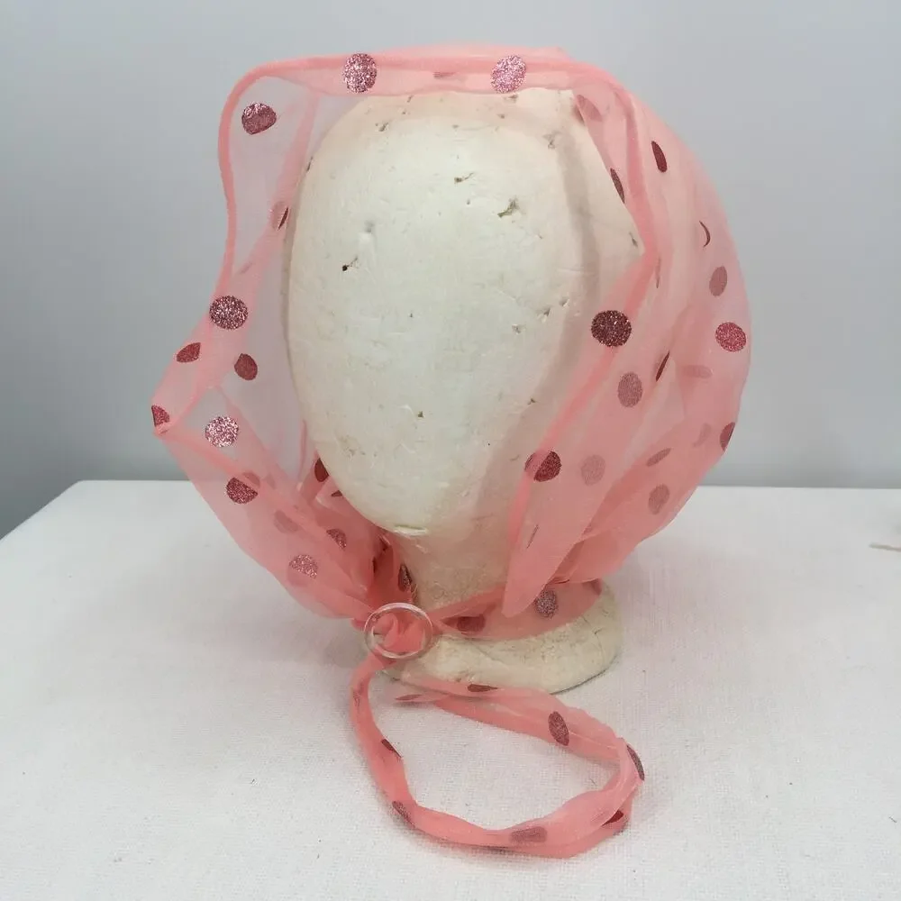 Women's Sheer Chiffon Polka Dot Head Scarf Neck Tie Pink Bonnet Curlers Coverup